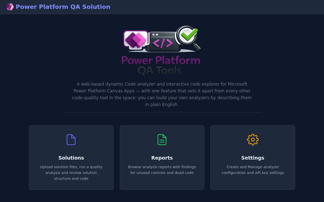 The PPQA home page with Solutions, Reports and Settings cards.