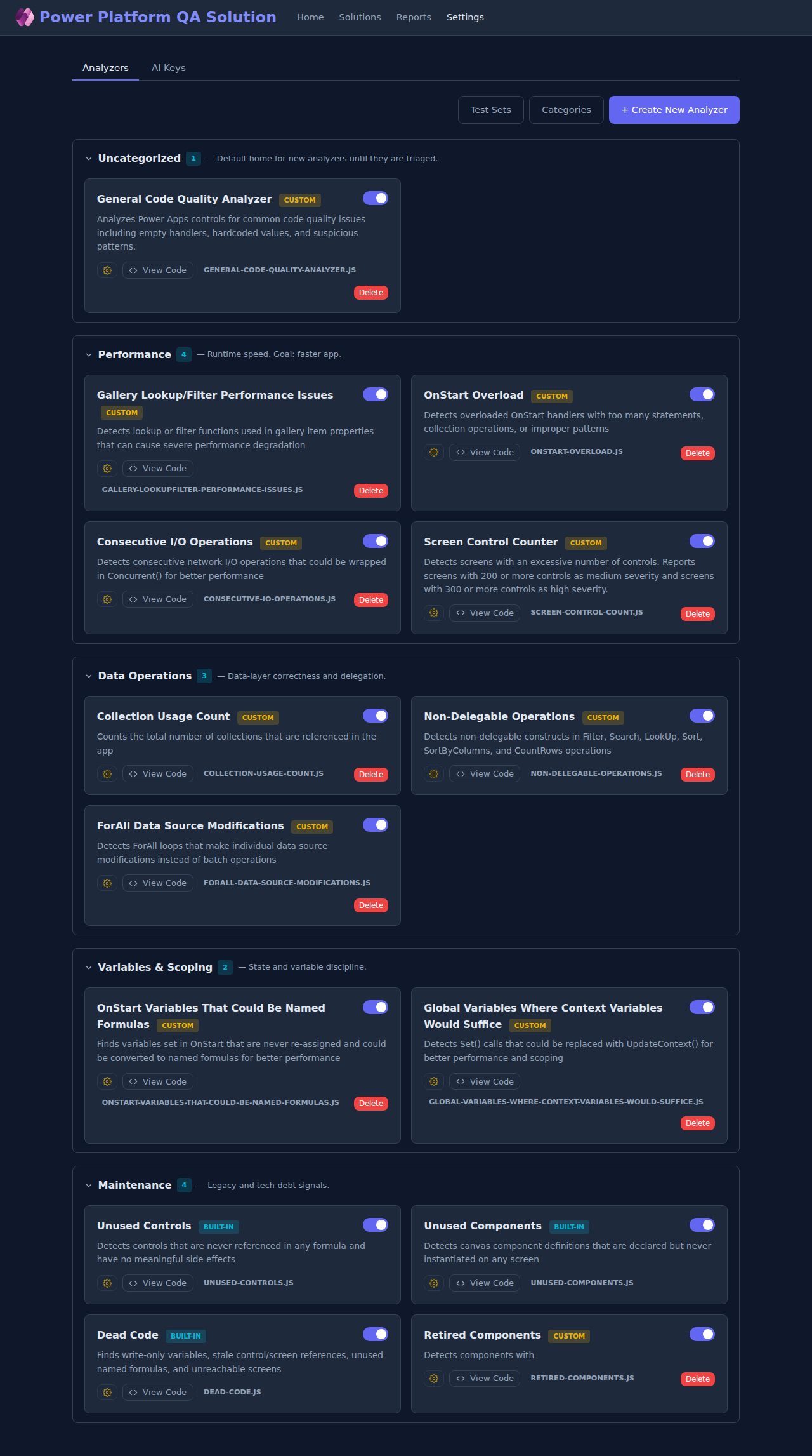 Settings → Analyzers tab showing analyzer cards grouped by category, each with a toggle and Config / View Code buttons.