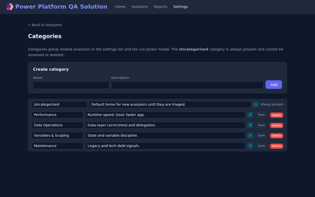 Categories settings page showing a list of categories with name and description fields.