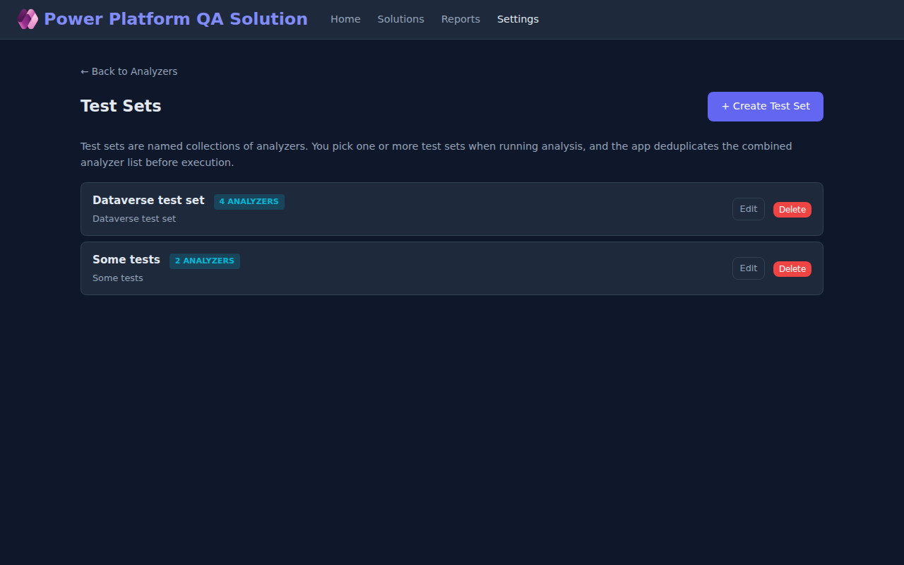 Test sets settings page listing each test set with its analyzer count.