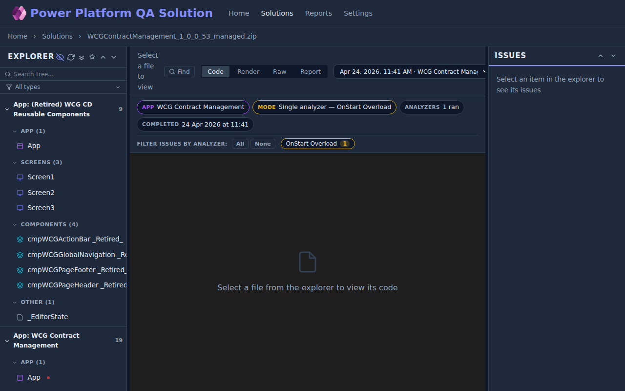 Solution explorer with the explorer tree on the left, the Code/Render/Raw/Report tabs in the centre, and the Issues panel on the right.