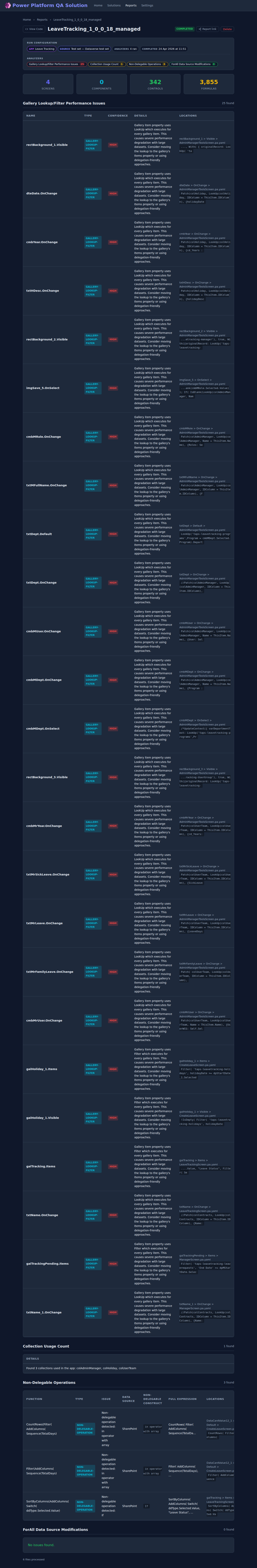 Detailed analysis report for a Canvas App with a summary card, severity counts, and per-analyzer finding tables.