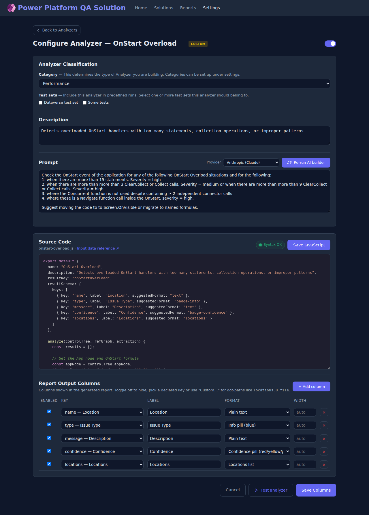 Per-analyzer configuration page showing input fields for thresholds and a list of output columns to enable or hide.