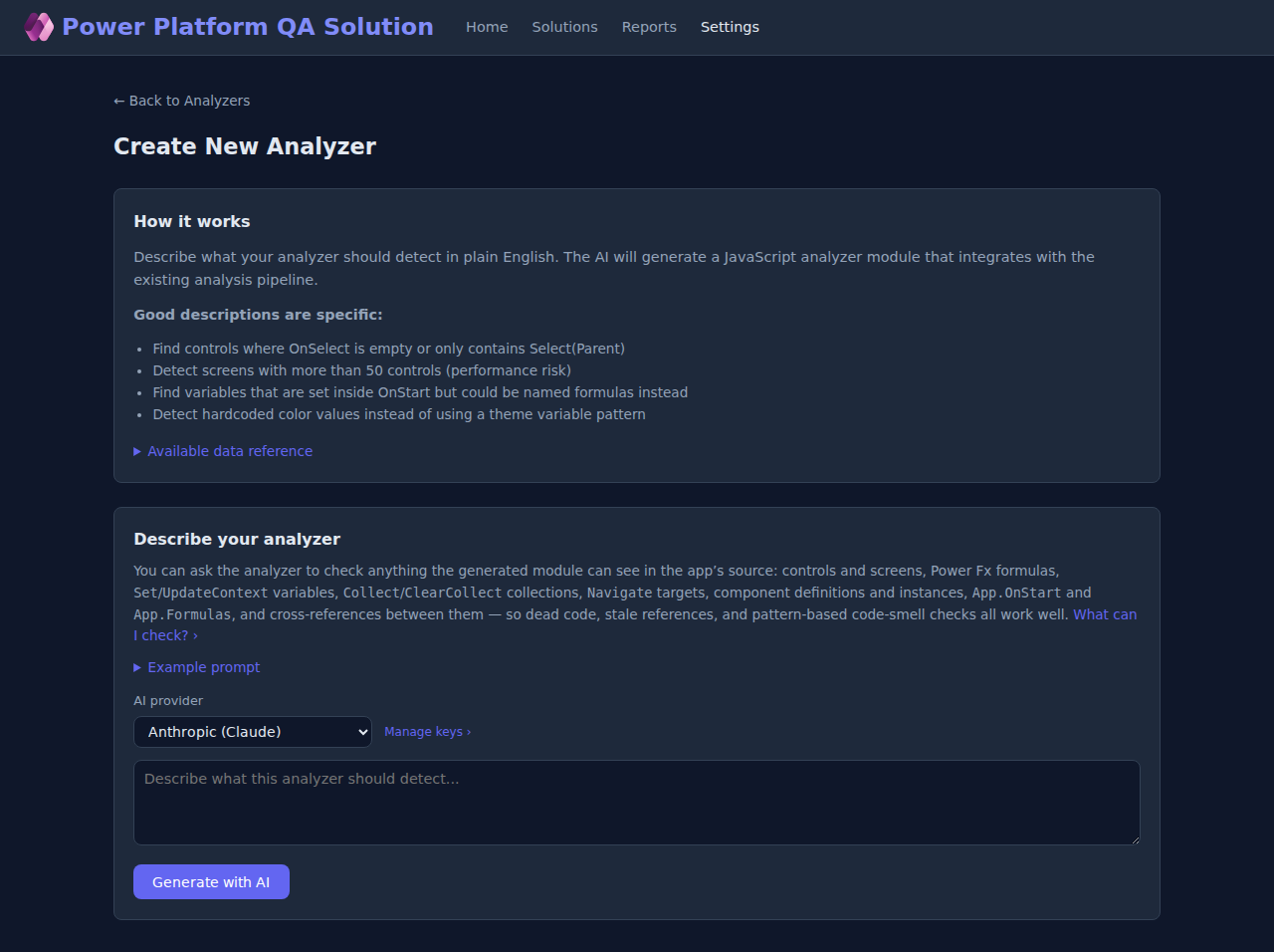 Create New Analyzer page with provider, model, and a plain-English description field.