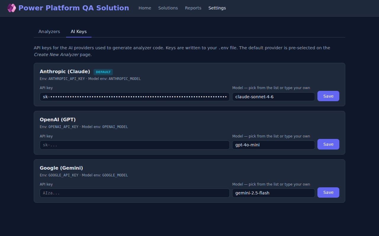 AI Keys tab on the Settings → Analyzers page showing per-provider API key inputs and model selectors.